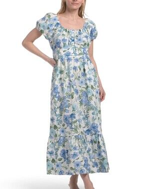 Laura Ashely]Floral Blue & Green Maxi Dress with Puff Sleeves